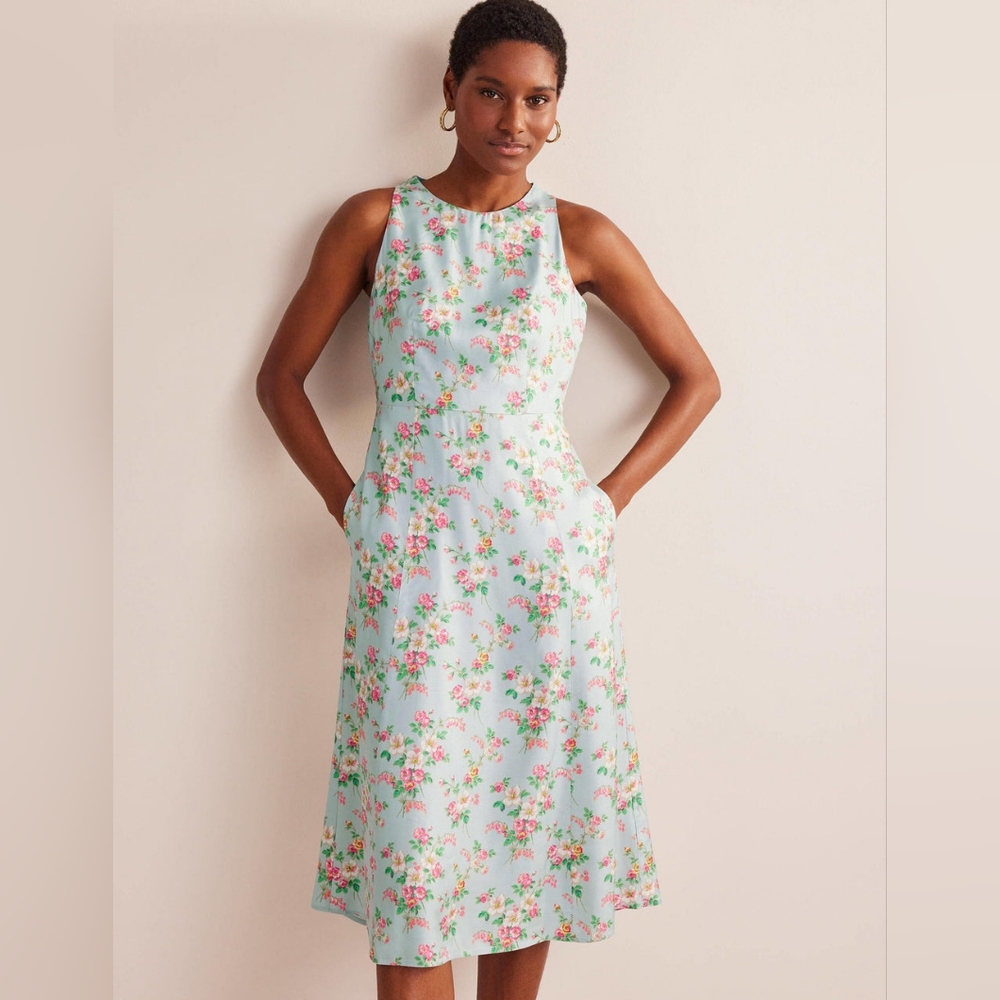 🆕BODEN Fit & Flare Midi Dress Pale Green & Vintage Floral Sleeveless Size 6 REG